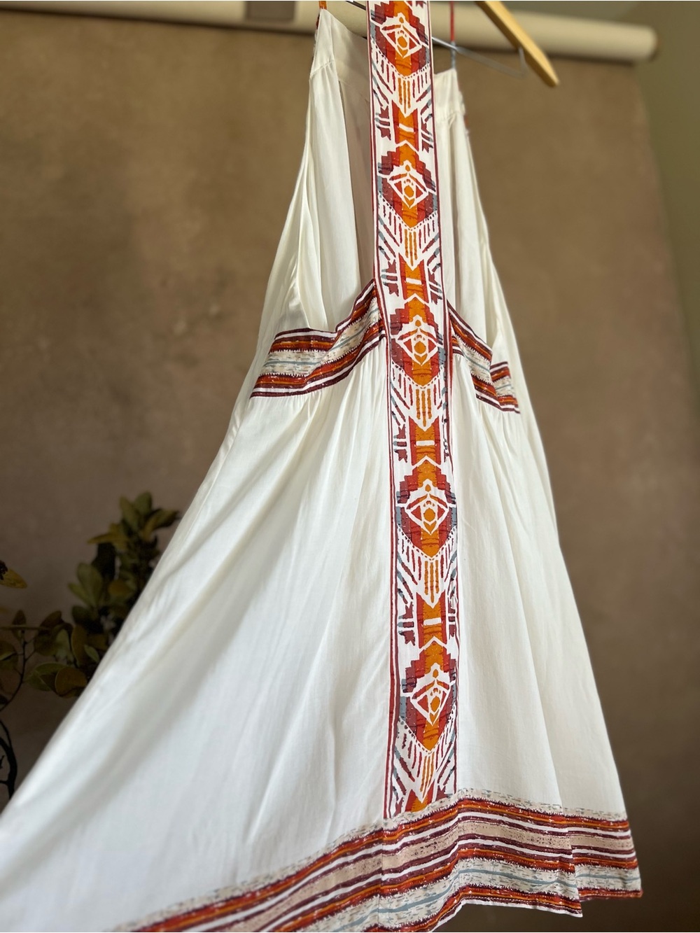 Boho White Mini Sun Dress with Orange and Turquoise Geometric Racerback Design - Picture 10 of 13